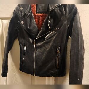 Girls Polyester leather-look jacket with zippers and faux fur inside jacket